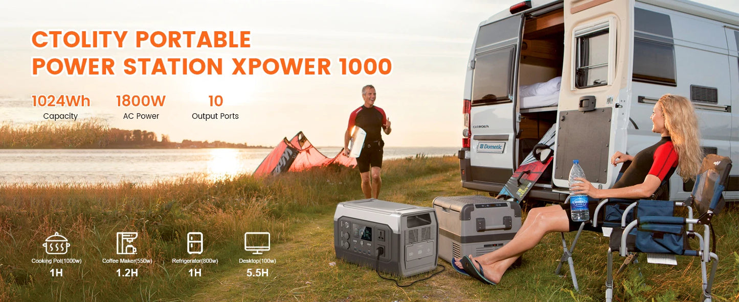Ctolity XP1000 1800W Portable Power Station 1024Wh LiFeP04 Battery Solar Generator Solar for Camping UPS function Pure Sine Wave