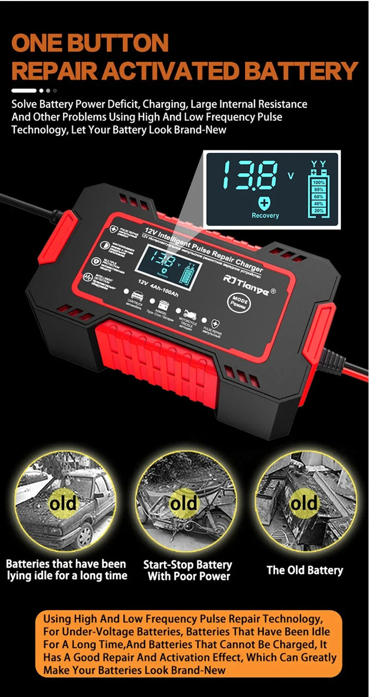 EAFC 6A Car Battery Charger 12V Motorcycle Fully Automatic Repair Charge Intelligent Fast Charging Lead Acid Battery LCD Display