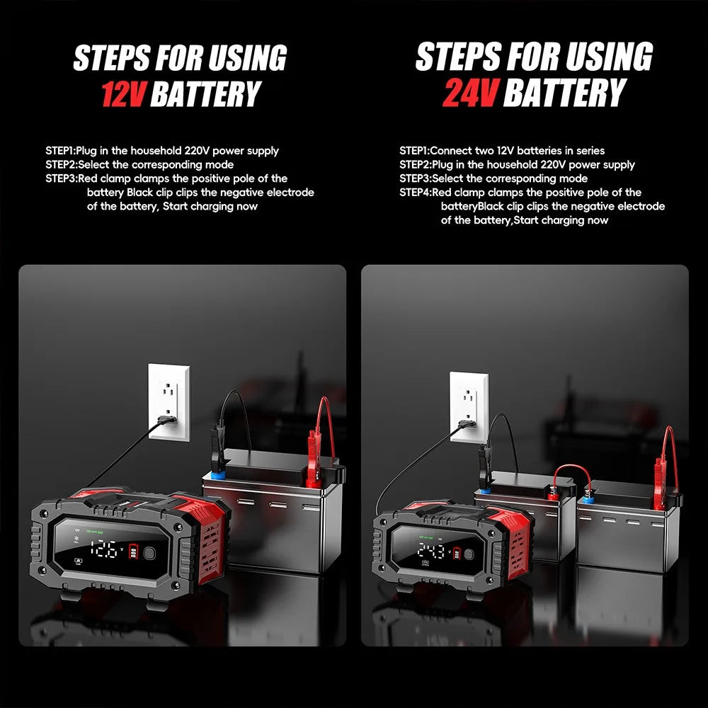 12v/24v 20A Fully Automatic Battery Charger 7-segment Smart Car Battery Charger Pulse Repair for Agm Gel Wet Lead Acid Charging