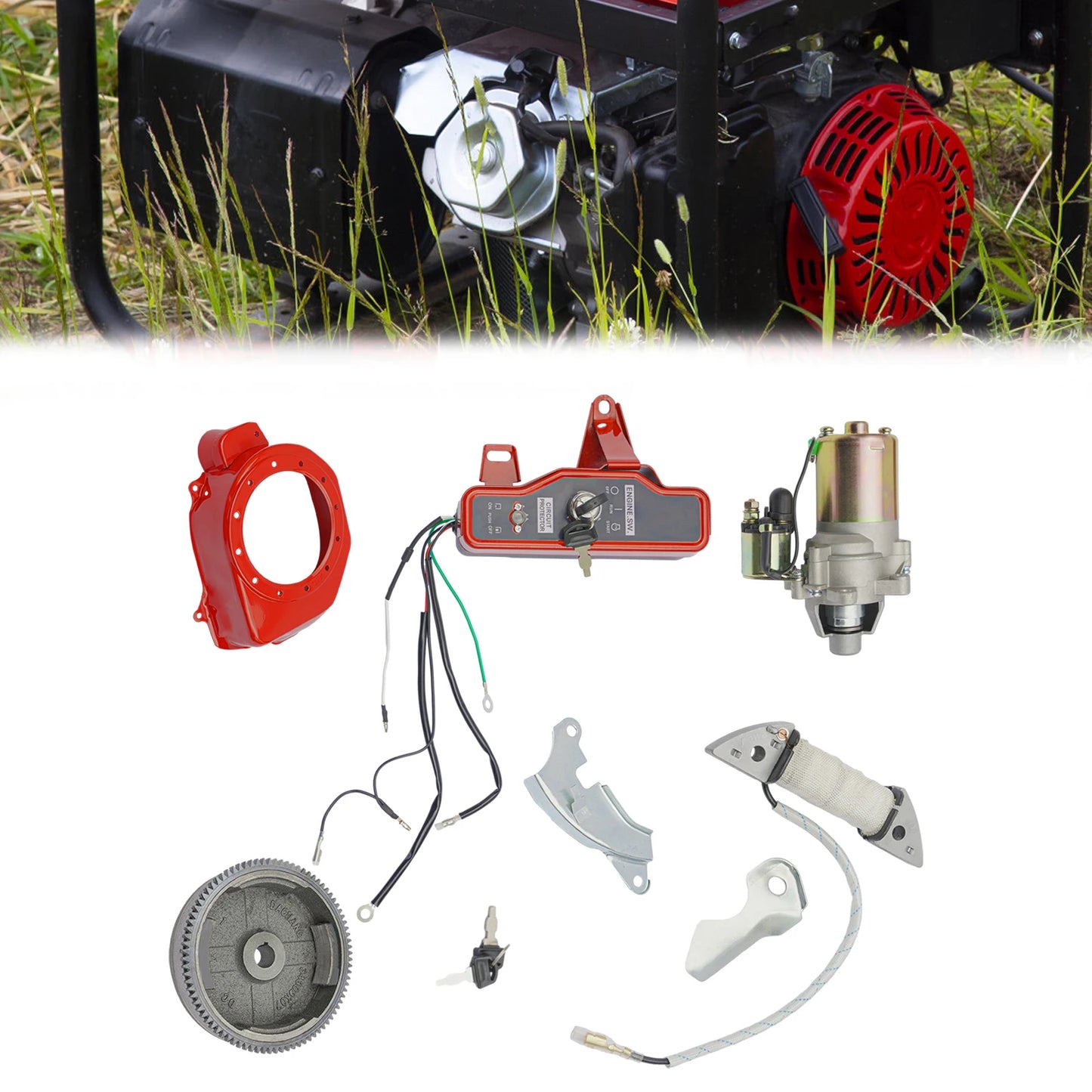Electric Start Kit 5.5 / 6.5Hp Engine Starter 4 Stroke Ignition Kit Chicken Stick Engine Starter Flywheel For GX160 GX200