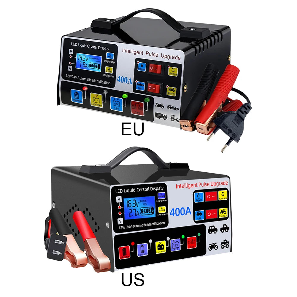 400A 220W Heavy Duty Smart Car Battery Charger 12V/24V LCD Display Self-Stop Battery Charger Five-Stage Full Automatic EU/US
