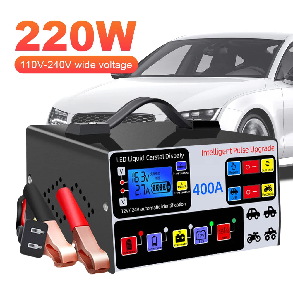 400A Car Battery Charger LCD Display Battery High Power Fast Charger Intelligent Pulse Repair Charger Self-Stop Battery Charger