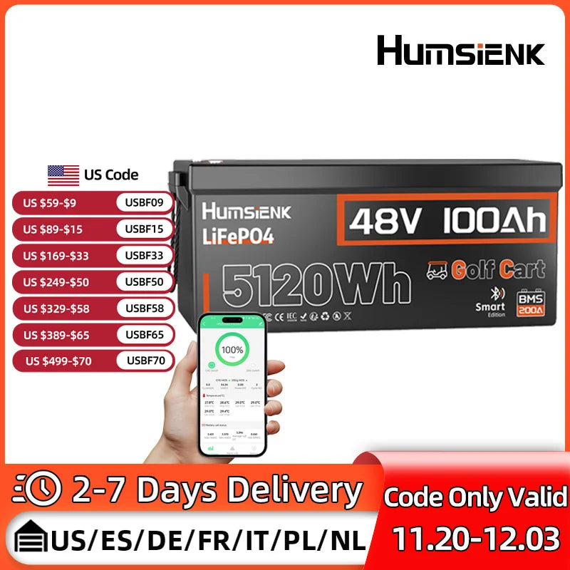 Humsienk Bluetooth LiFePO4 Battery 48V 100Ah Specializing in Golf Cart 200A BMS 5120Wh Energy Real-time Monitor Battery Data