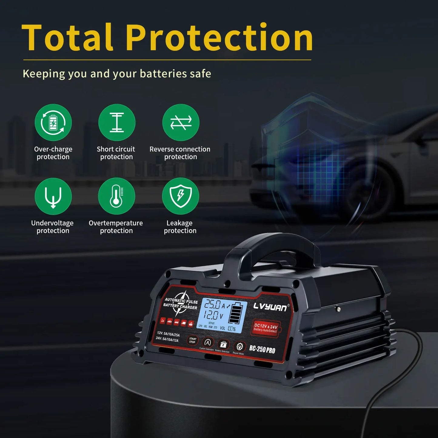 Auto DC12V 24V Battery Charger Smart LCD Display 8-stage Intelligent Charging Car Battery Chager for LiFePO4 AGM GEL Lead-Acid