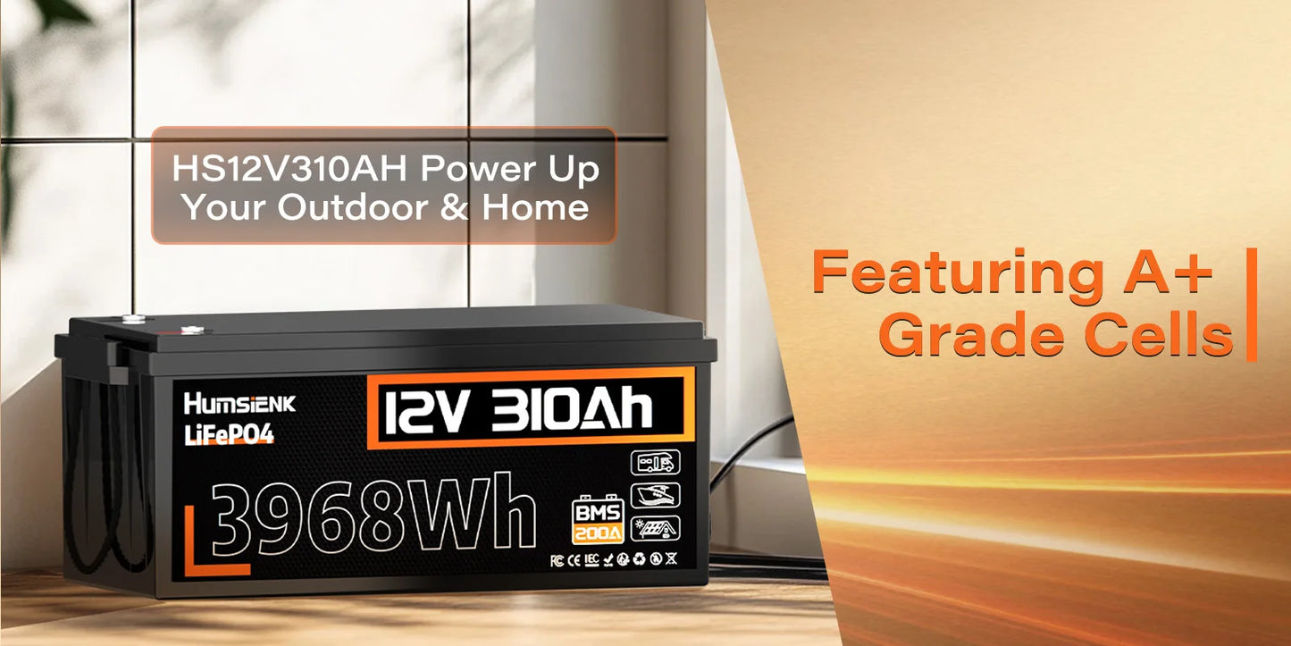 12V 310Ah LiFePO4  Battery 3968Wh Energy 200A BMS 15000 Cycles A+ Cells For RV/ Boat/ Solar Energy/ Off Grid/ Trolling Motor