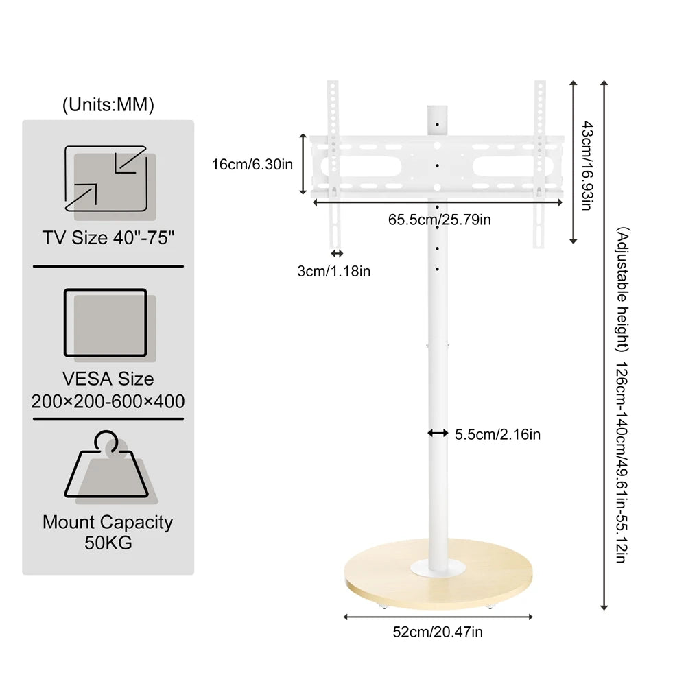 Heavy Duty Mobile TV Floor Stand for 40-75 Inches White Height Adjustable TV Mount Cart Stand with Hidden Wheels