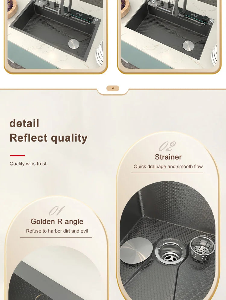 Stainless Steel Waterfall Kitchen Sink Large Single Slot With Digital Display Faucet Apartment Multifunctional Wash Basin