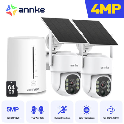 Annke 4MP solar security cameras 4CH Wireless NVR 4mm color night vision camera Audio 2.4G 5.8G dual-band WiFi IP Camera Outdoor