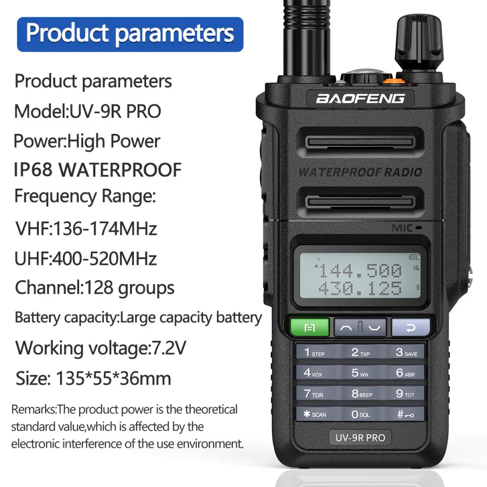 Baofeng UV 9R PRO IP68 Waterproof Walkie Talkie UHF/VHF 8W Dual Band High Power Long Range Radio + Earpiece