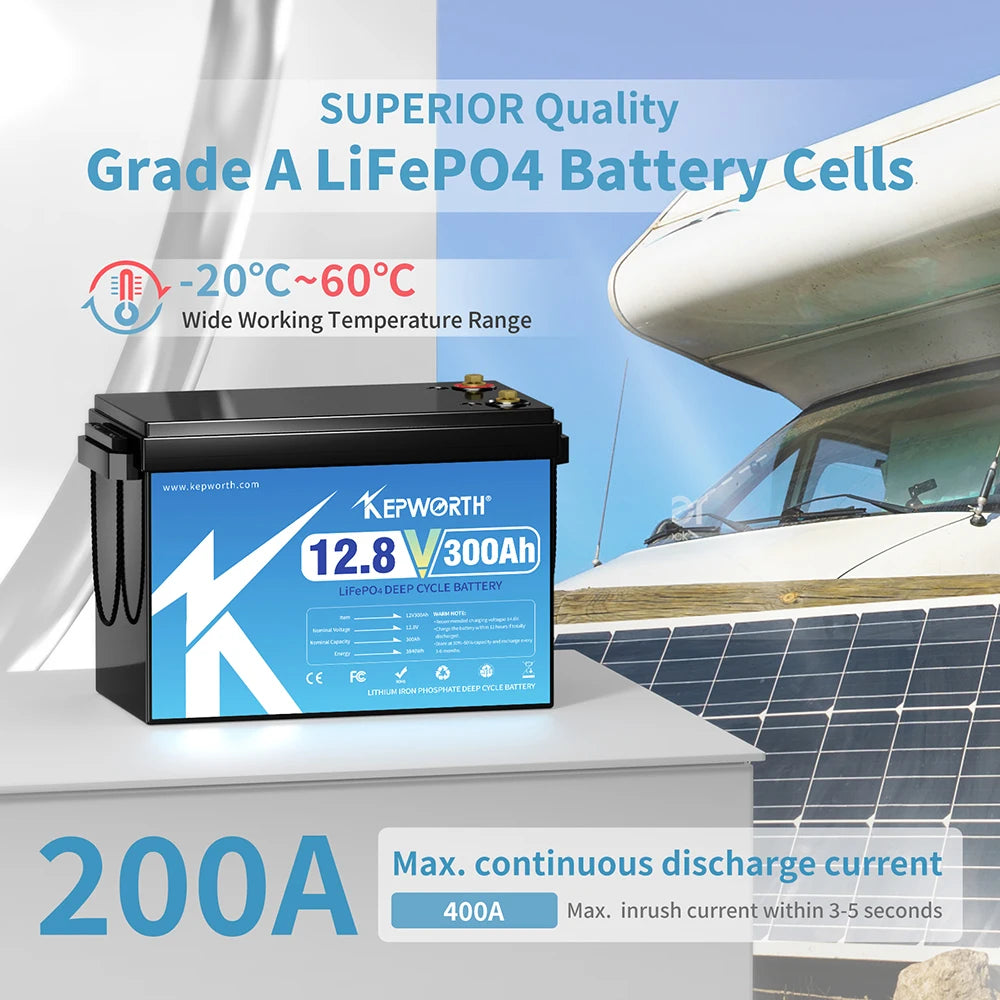 KEPWORTH 12V 300Ah LiFePO4 Battery, Built-in 200A BMS 3840Wh Energy Deep Cycles, Perfect for Off-Grid, Motorhome, Solar System