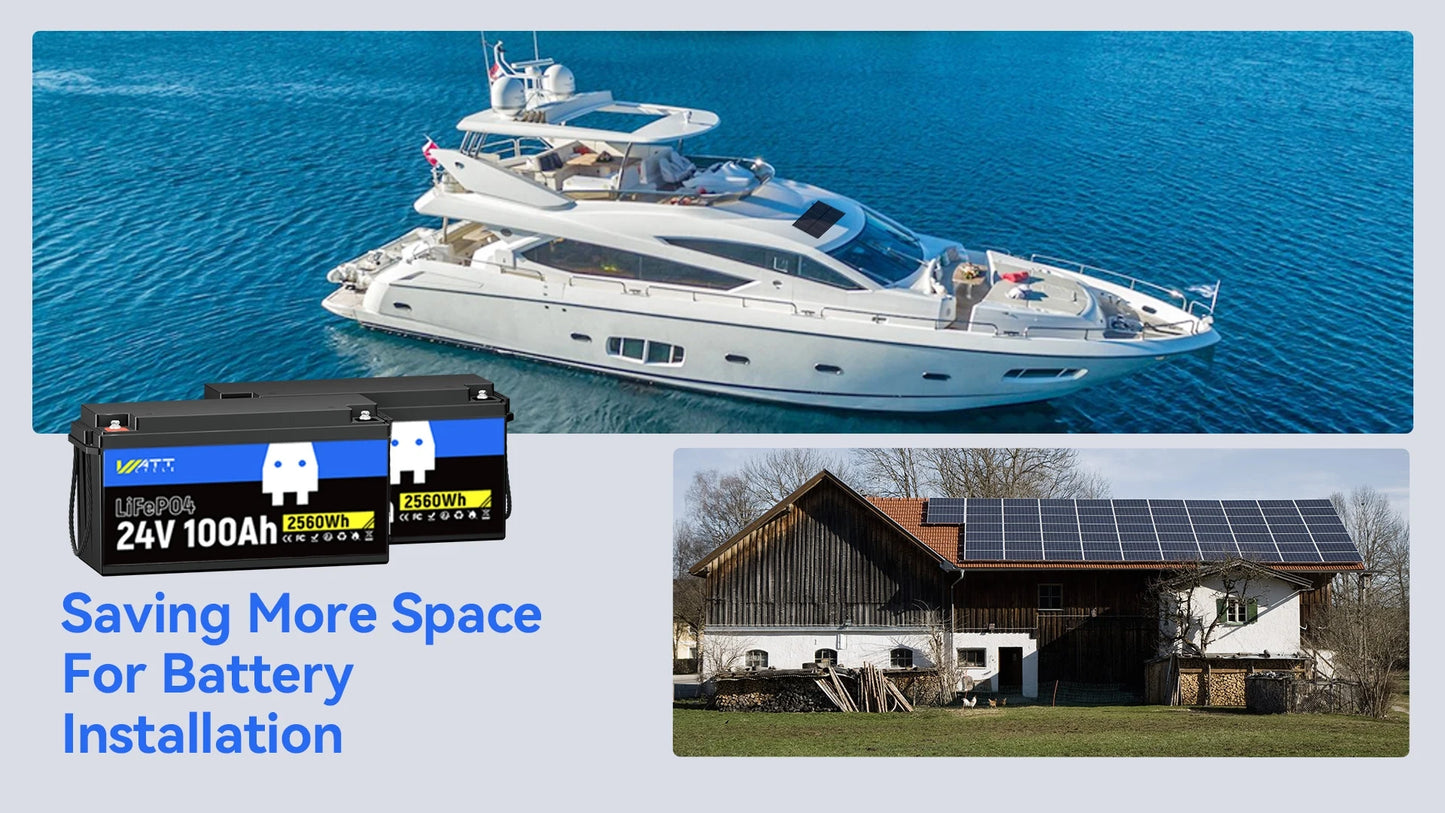 Wattcycle LiFePO4 Lithium Battery 24V 100Ah Portable 2560Wh With BMS 100A Car Battery For RV/ Vans/ Trolling Motor/ Golf Cart