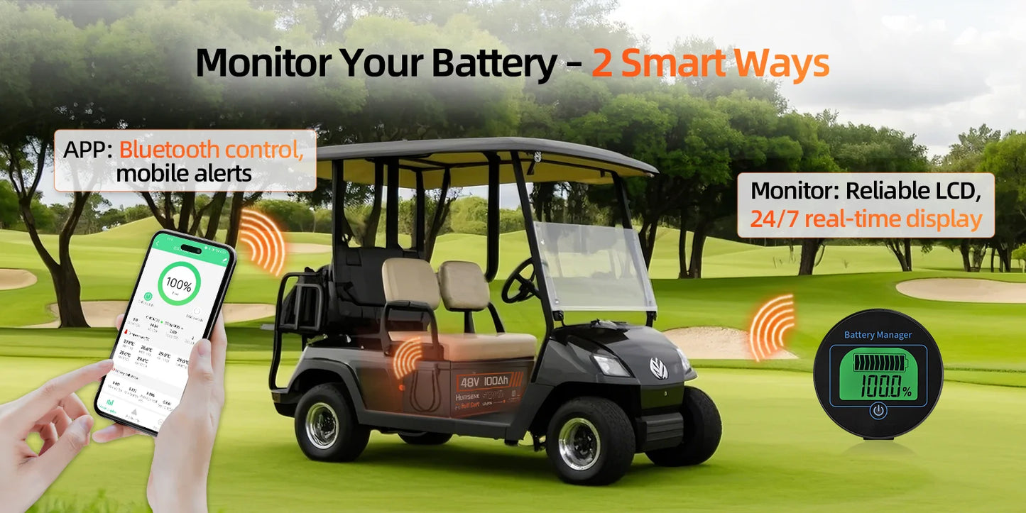 HumSienk LiFePO4 Battery Packs 48V 100Ah Specially Designed For Golf Cart 200A BMS Robust 5120Wh Smart Bluetooth Monitor
