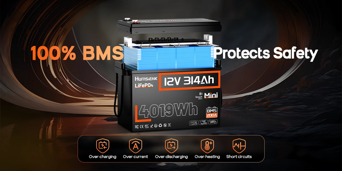 Humsienk Bluetooth LiFePO4 Battery 12V 314AH With 200A BMS A+ Cells 15000 Cycles Real- time Monitor For Outdoor / Household