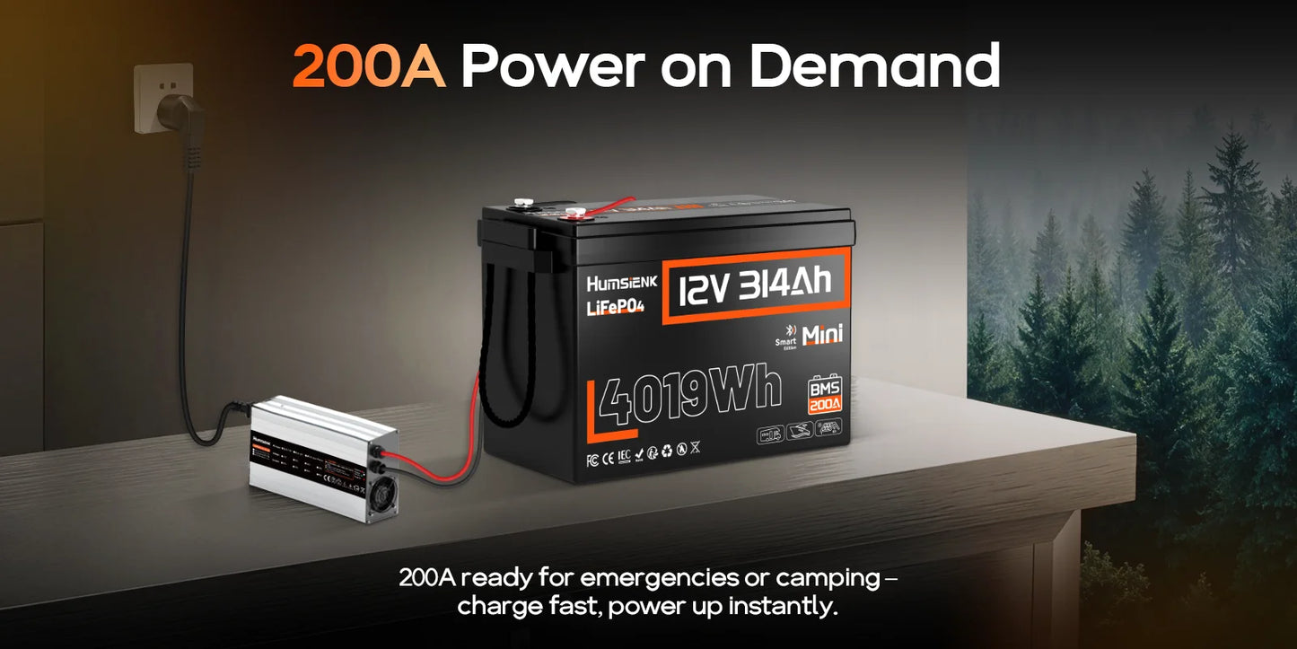 Humsienk Bluetooth LiFePO4 Battery 12V 314AH With 200A BMS A+ Cells 15000 Cycles Real- time Monitor For Outdoor / Household