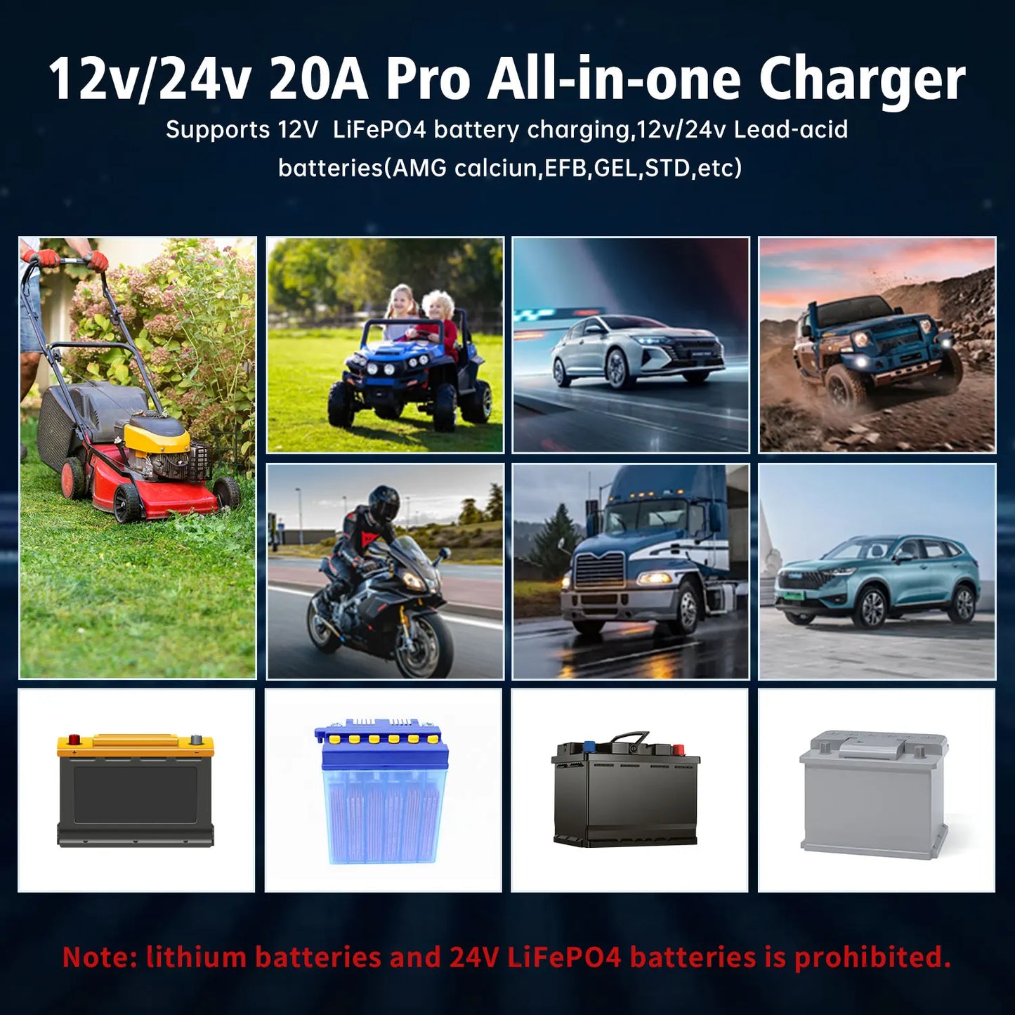 Auto DC12V 24V Battery Charger Smart LCD Display 8-stage Intelligent Charging Car Battery Chager for LiFePO4 AGM GEL Lead-Acid