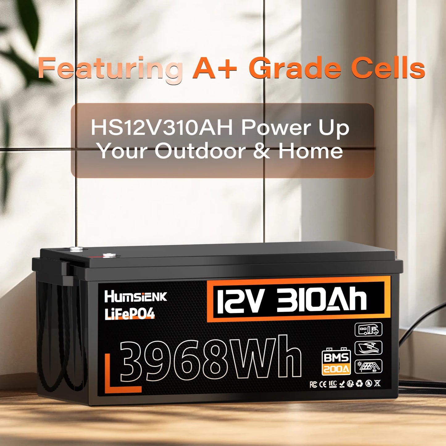 12V 310Ah LiFePO4  Battery 3968Wh Energy 200A BMS 15000 Cycles A+ Cells For RV/ Boat/ Solar Energy/ Off Grid/ Trolling Motor