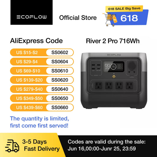 ECOFLOW Solar Generator RIVER 2 Pro 700, 716Wh LiFePO4 Battery, 4x800W AC Outlets (1600W Surge), Solar Generator