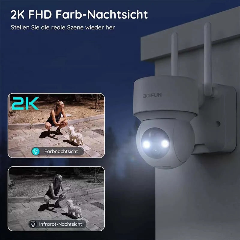 BOIFUN  2K WiFi-Wireless Outdoor Home Security Camera with Solar Panel, Two-Way Audio, Night Vision , 14400mAh Internal Battery