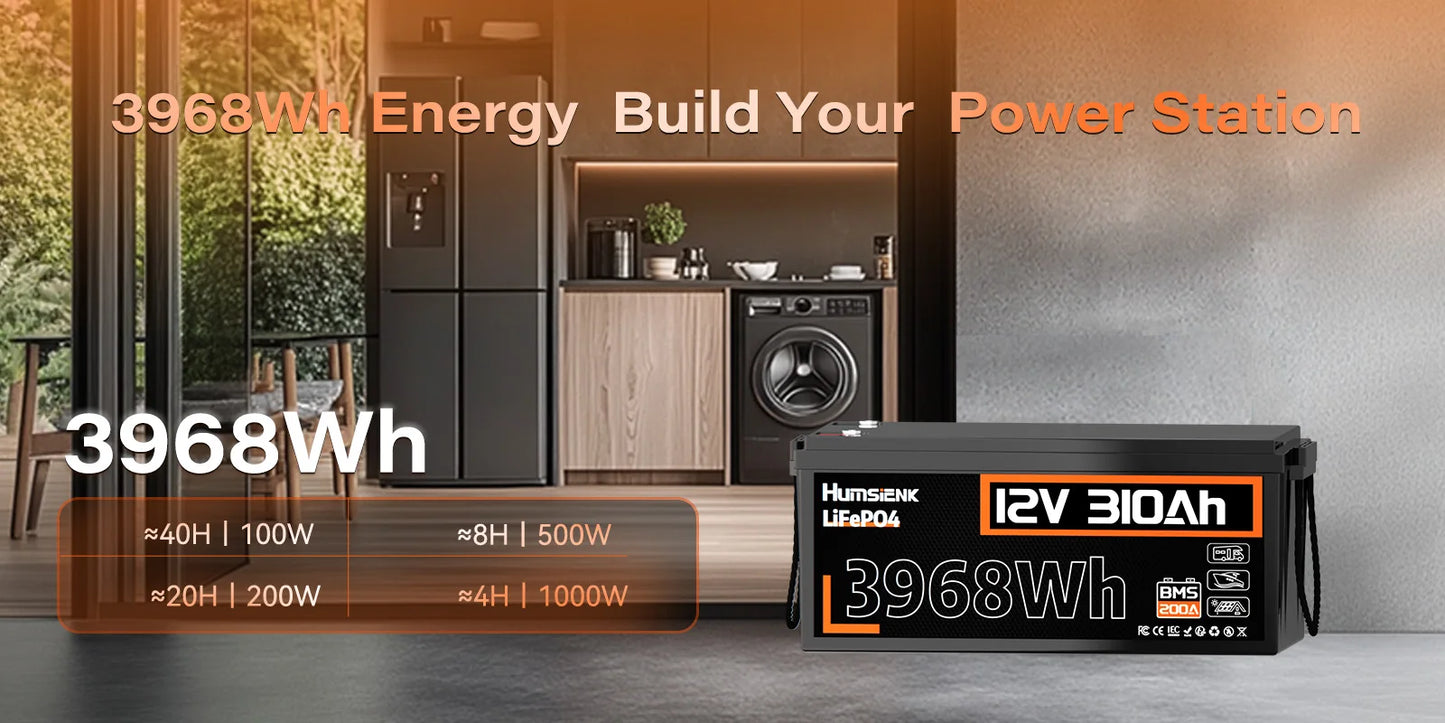 12V 310Ah LiFePO4  Battery 3968Wh Energy 200A BMS 15000 Cycles A+ Cells For RV/ Boat/ Solar Energy/ Off Grid/ Trolling Motor
