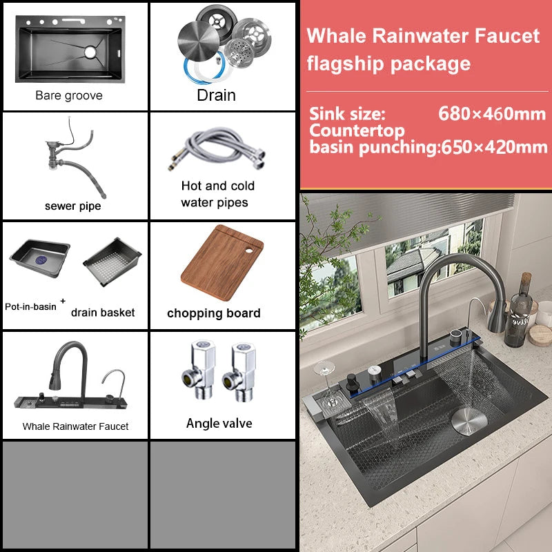 Stainless Steel Waterfall Kitchen Sink Large Single Slot With Digital Display Faucet Apartment Multifunctional Wash Basin