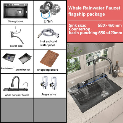 Stainless Steel Waterfall Kitchen Sink Large Single Slot With Digital Display Faucet Apartment Multifunctional Wash Basin