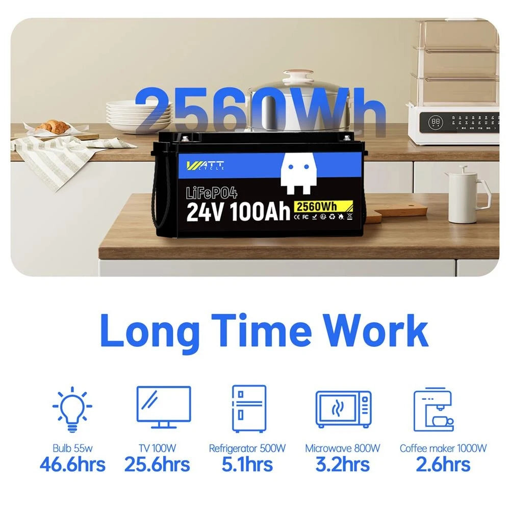 Wattcycle New 24V LiFePO4 Lithium Battery 100Ah Solar Lithium Battery Pack 15000 Cycles with BMS for Home Solar System 1/2Packs