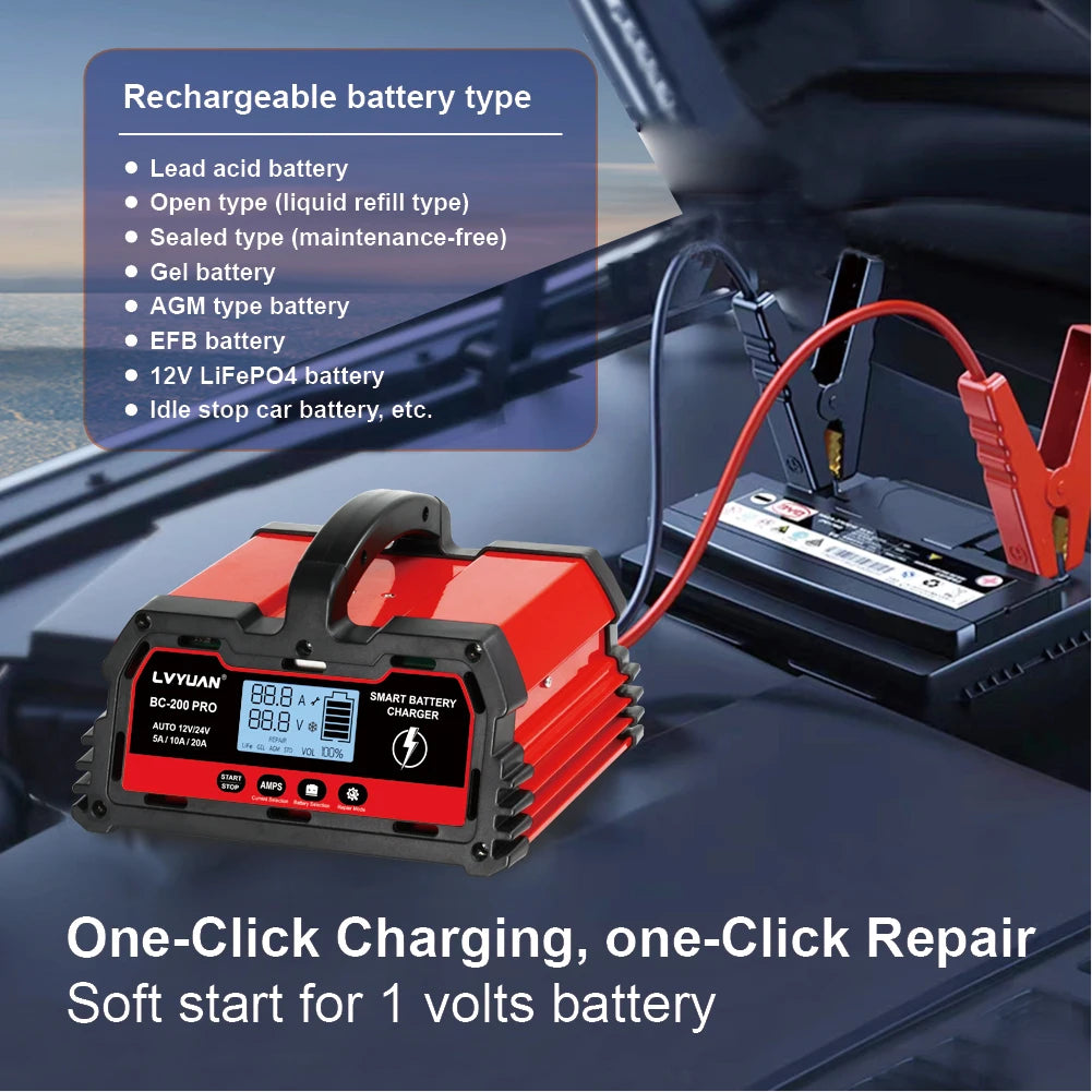 Auto DC12V 24V Battery Charger Smart LCD Display 8-stage Intelligent Charging Car Battery Chager for LiFePO4 AGM GEL Lead-Acid