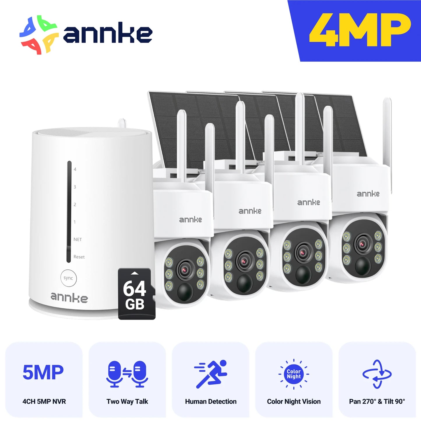 ANNKE 4MP Battery WiFi Security Camera PT Auto Tracking Color Night Vision Wireless IP Camera 4CH Homebase Security System