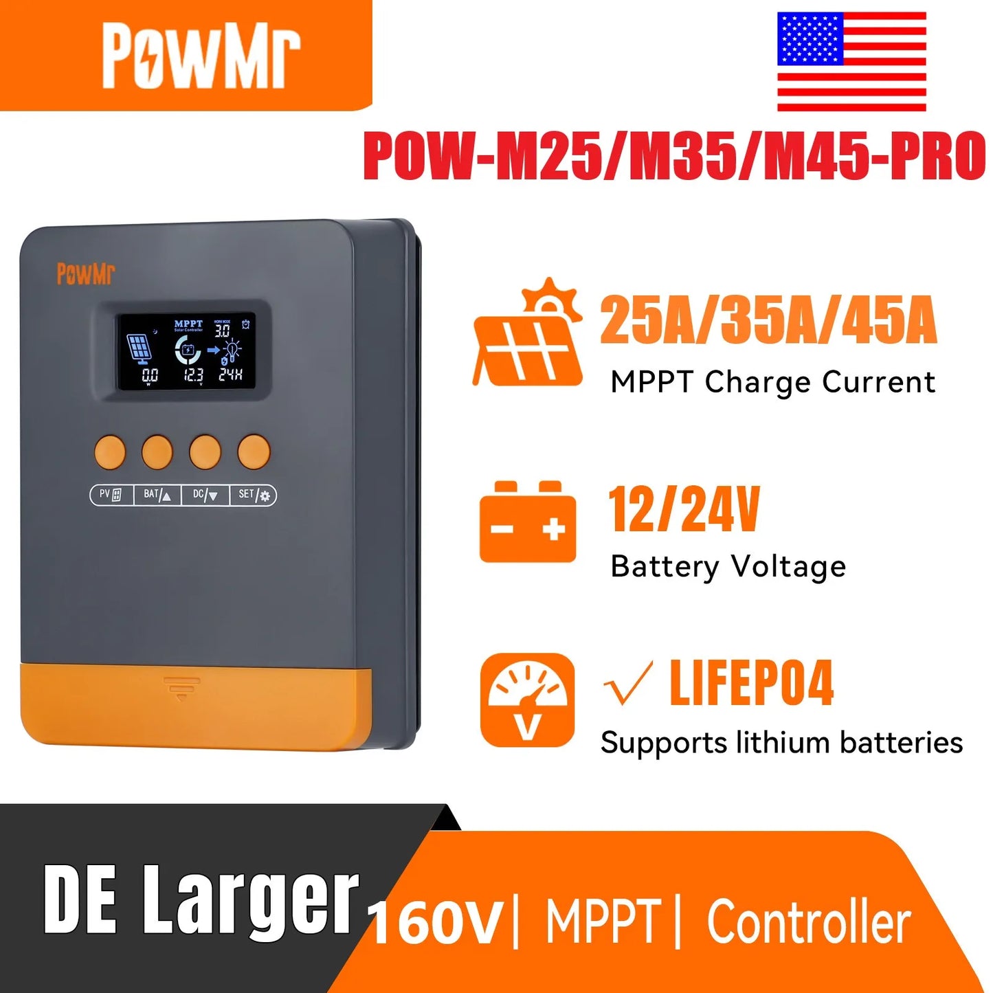 PowMr 25A/35A/45A MPPT Solar Charge Controller for 12V/24V Lithium Battery LCD Regulator 100VDC Soalr Panel Dual USB Controller