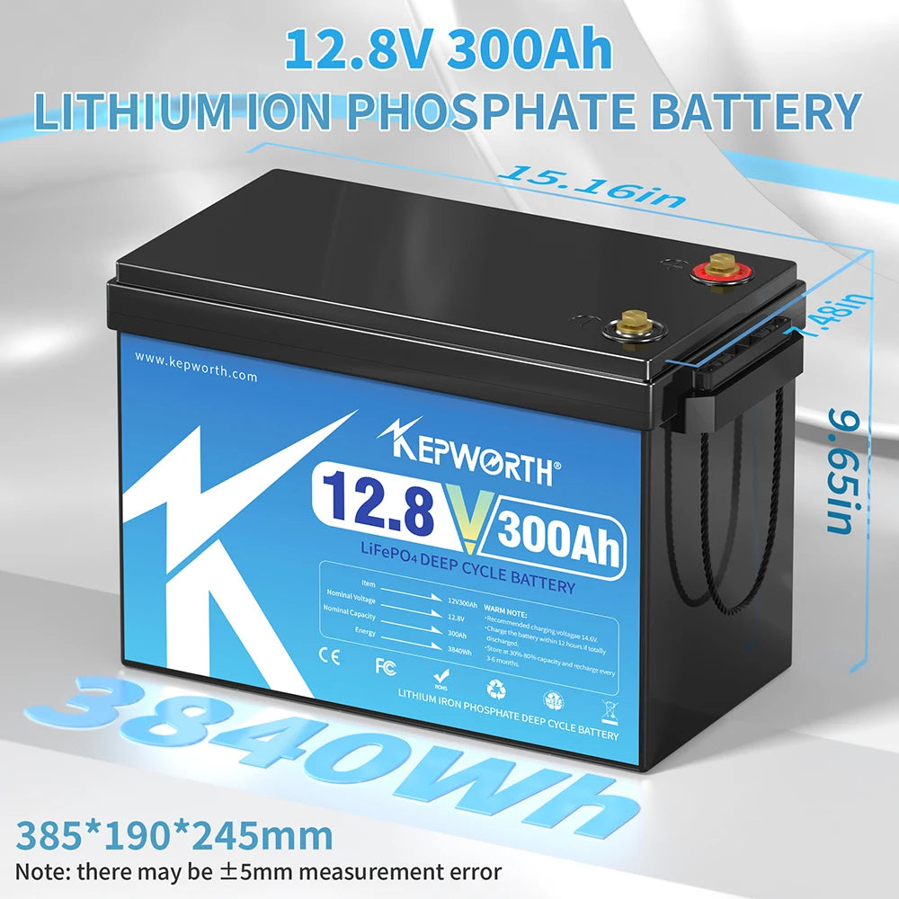 KEPWORTH 12V 300Ah LiFePO4 Battery, Built-in 200A BMS 3840Wh Energy Deep Cycles, Perfect for Off-Grid, Motorhome, Solar System