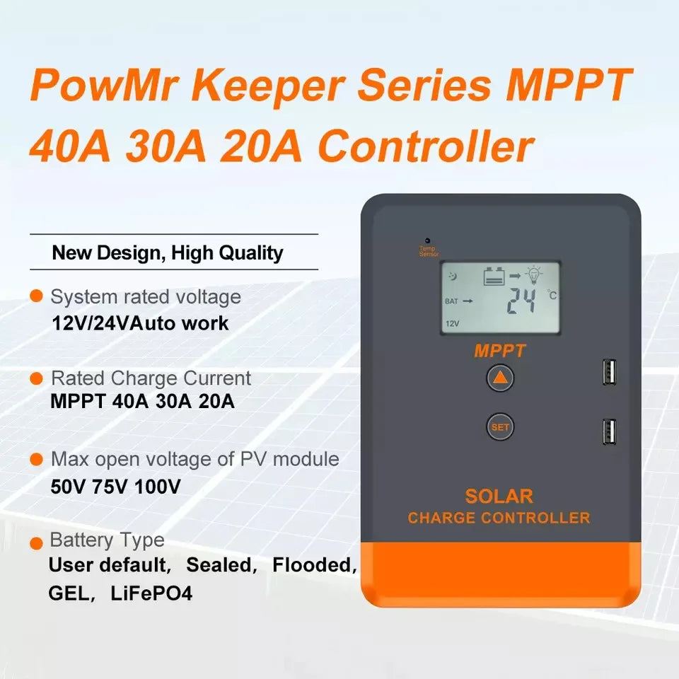 PowMr Solar Charge Controller MPPT 20A/30A/40A Charging Auto LCD Display Regulator 12V/24V Lithium Battey 100% MPPT Dual USB