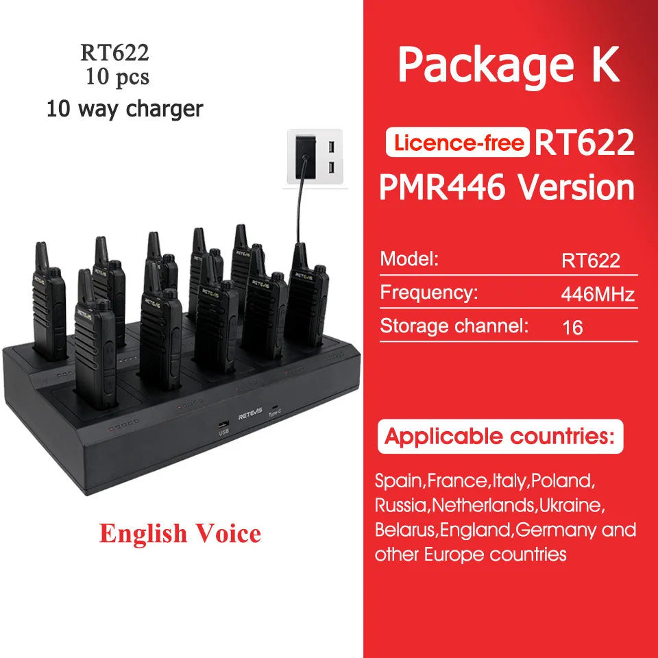 10 Pcs Wholesale Mini Walkie Talkie Retevis Rechargeable Walkie-talkies Two-way Radio RT622 PMR446 Radio Hotel Restaurant Retail