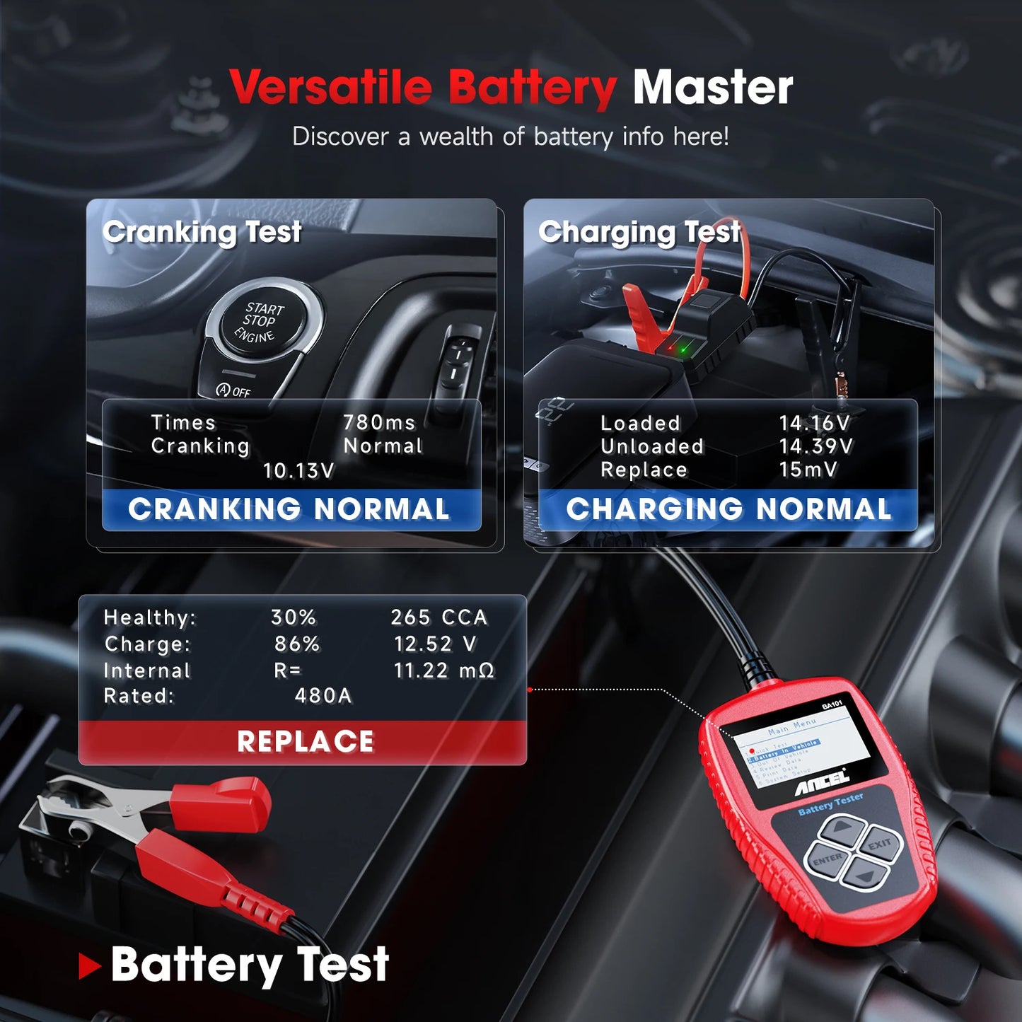 12V Car Battery Tester Analyzer Automotive Battery Load Tester 100-2000CCA Charging Circuit load Diagnostic Tools ANCEL BA101