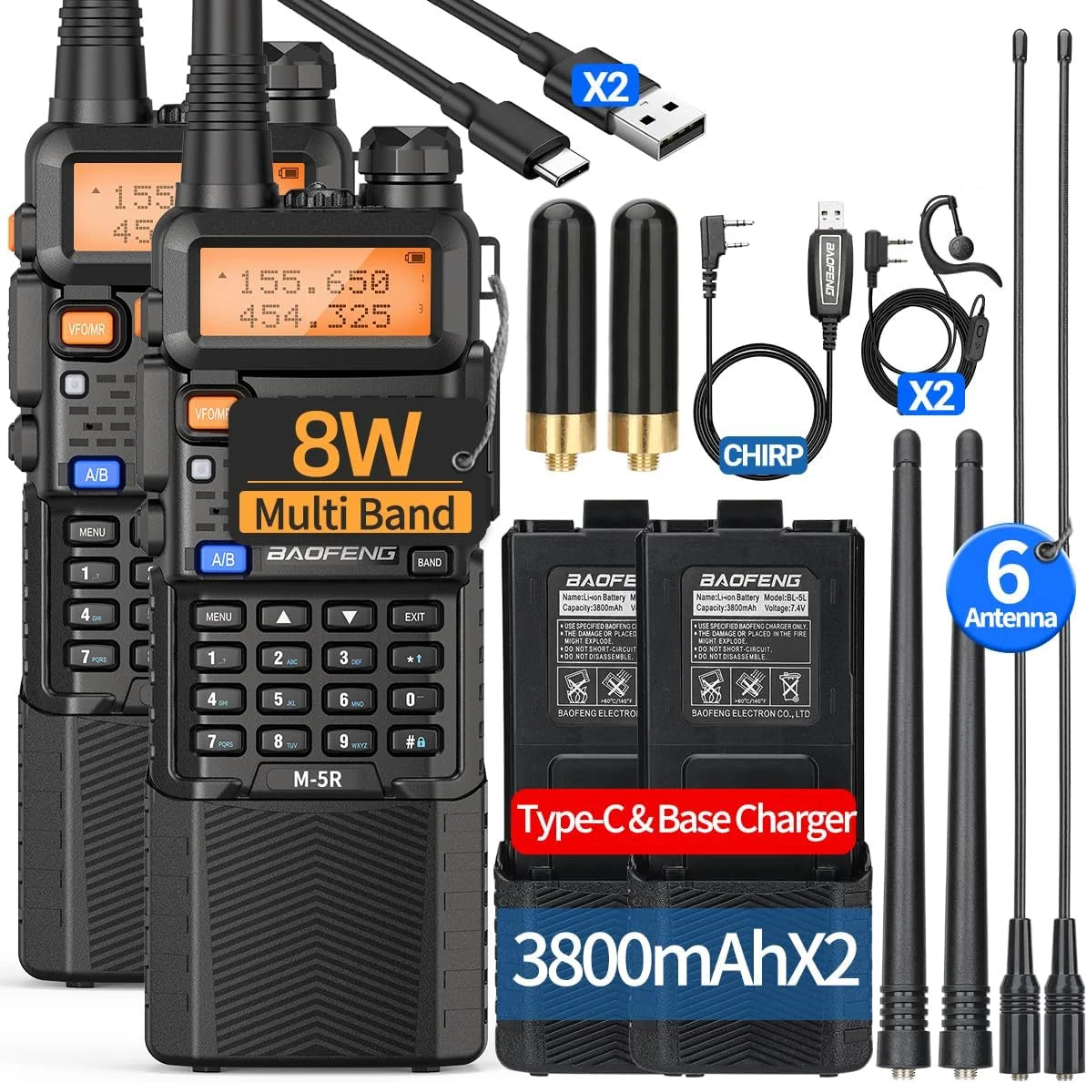 2X BAOFENG M-5R 8W Walkie Talkie 3800mAh Battery Multi Band AM Type-C USB Copy Upgraded UV-5R UV5R Long Range Two Way Ham Radio