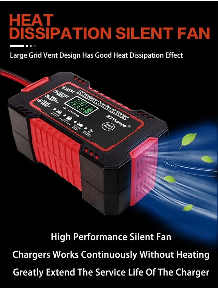 EAFC 6A Car Battery Charger 12V Motorcycle Fully Automatic Repair Charge Intelligent Fast Charging Lead Acid Battery LCD Display