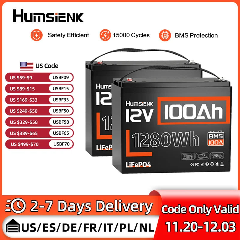 Humsienk LiFePO4 Lithium Battery 12V 100Ah Built-in 100A BMS Rechargeable For RV/ Vans/ Golf Cart/ Marine/ Camping/ Off-grid