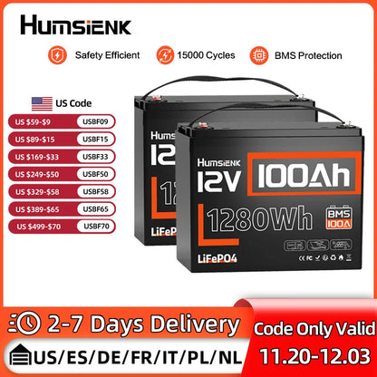 Humsienk LiFePO4 Lithium Battery 12V 100Ah Built-in 100A BMS Rechargeable For RV/ Vans/ Golf Cart/ Marine/ Camping/ Off-grid
