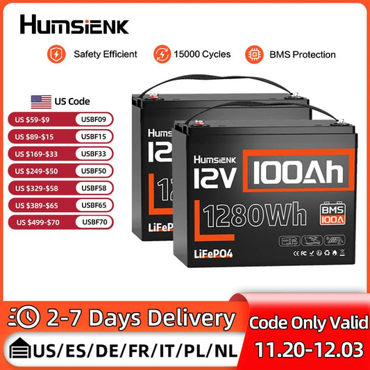 Humsienk LiFePO4 Lithium Battery 12V 100Ah Built-in 100A BMS Rechargeable For RV/ Vans/ Golf Cart/ Marine/ Camping/ Off-grid