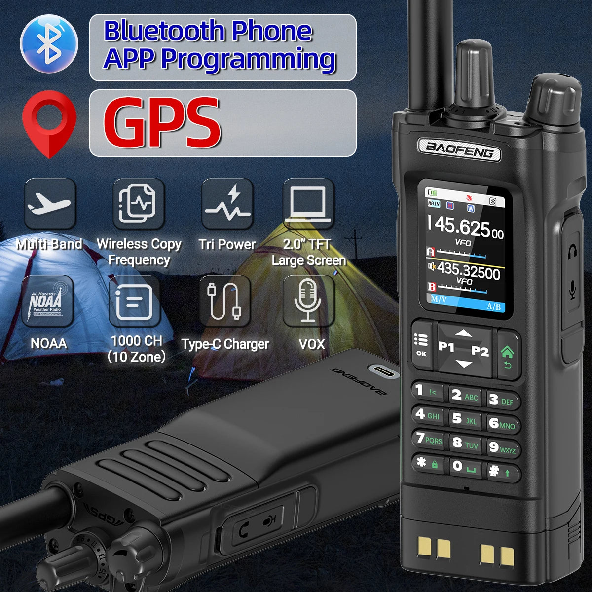 Baofeng UV-32 GPS Walkie Talkie 10W Long Range Multi Band Bluetooth APP Programming Wireless Copy Frequency Type-C Two Way Radio