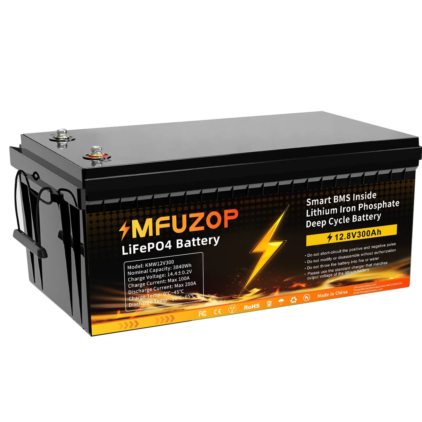 DATOUBOSS 12V 300Ah LiFePO4 Battery 3840Wh Deep Cycle Built-in BMS Max 200A Discharge for Solar Off-grid RV Marine