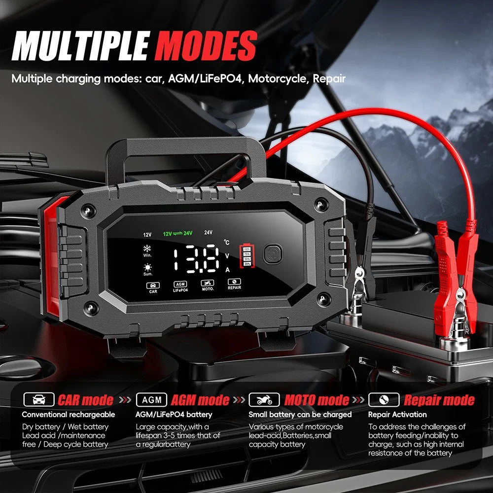 12v/24v 20A Fully Automatic Battery Charger 7-segment Smart Car Battery Charger Pulse Repair for Agm Gel Wet Lead Acid Charging