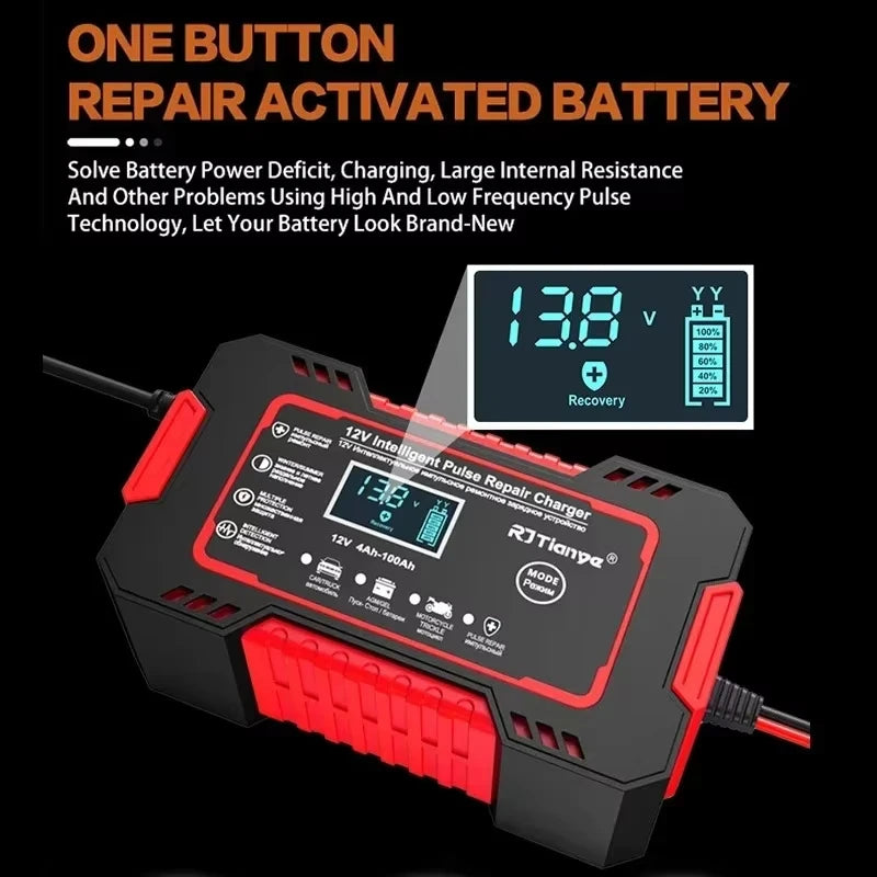 EAFC 6A Car Battery Charger 12V Motorcycle Fully Automatic Repair Charge Intelligent Fast Charging Lead Acid Battery LCD Display