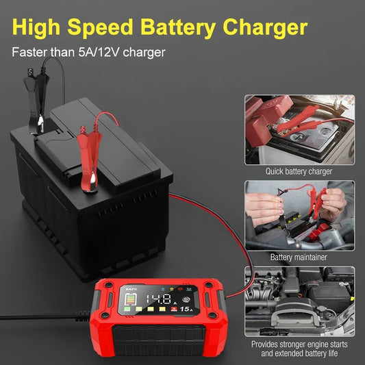 12V15A Car Smart Pulse Repair Charger suitable for cars, motorcycles, boats, AGM, GEL, WET lead-acid batteries