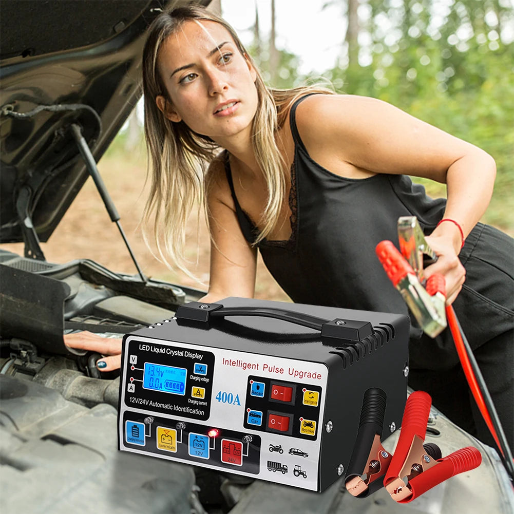 400A 220W Heavy Duty Smart Car Battery Charger 12V/24V LCD Display Self-Stop Battery Charger Five-Stage Full Automatic EU/US