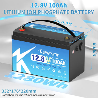 KEPWORTH 12V 100Ah LiFePO4 Battery Built-in 100A upgraded BMS Lithium Power Batteries For RV Campers Golf Cart Off-Road Off-Grid