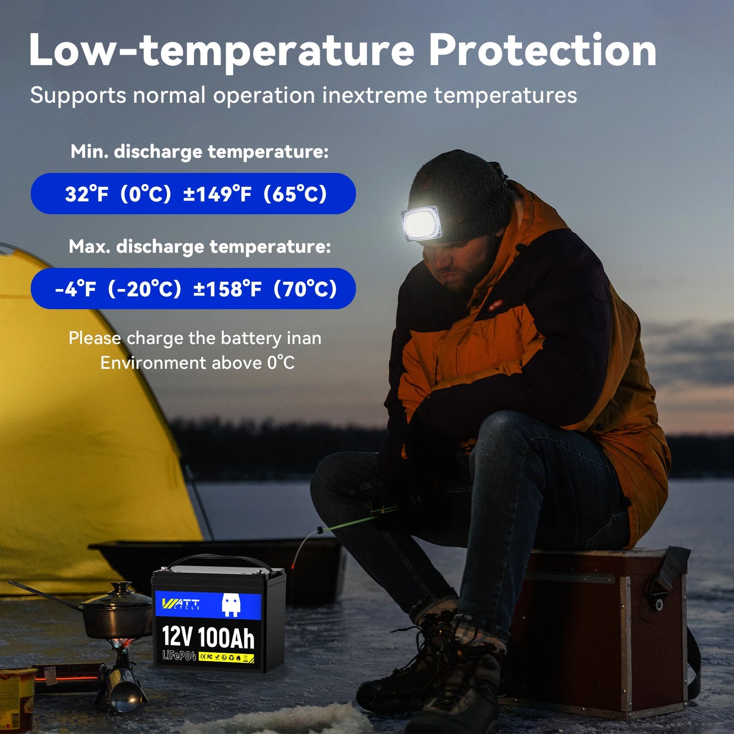 Wattcycle 12V 100AH LiFePO4 Lithium Iron Phosphate Battery Built-in 100A BMS For RV/ Yacht/ Camping/ Off-Grid/ Back-up Power