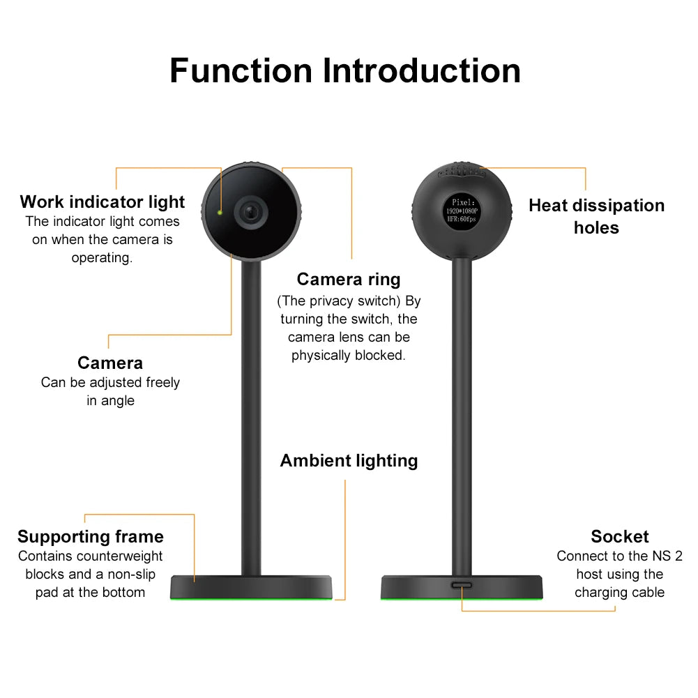 For Switch 2 1080P HD Computer Camera For NS2 Switch2 Video Chat Adjustment Wide Angle Camera with Heat Dissipation Vents Light