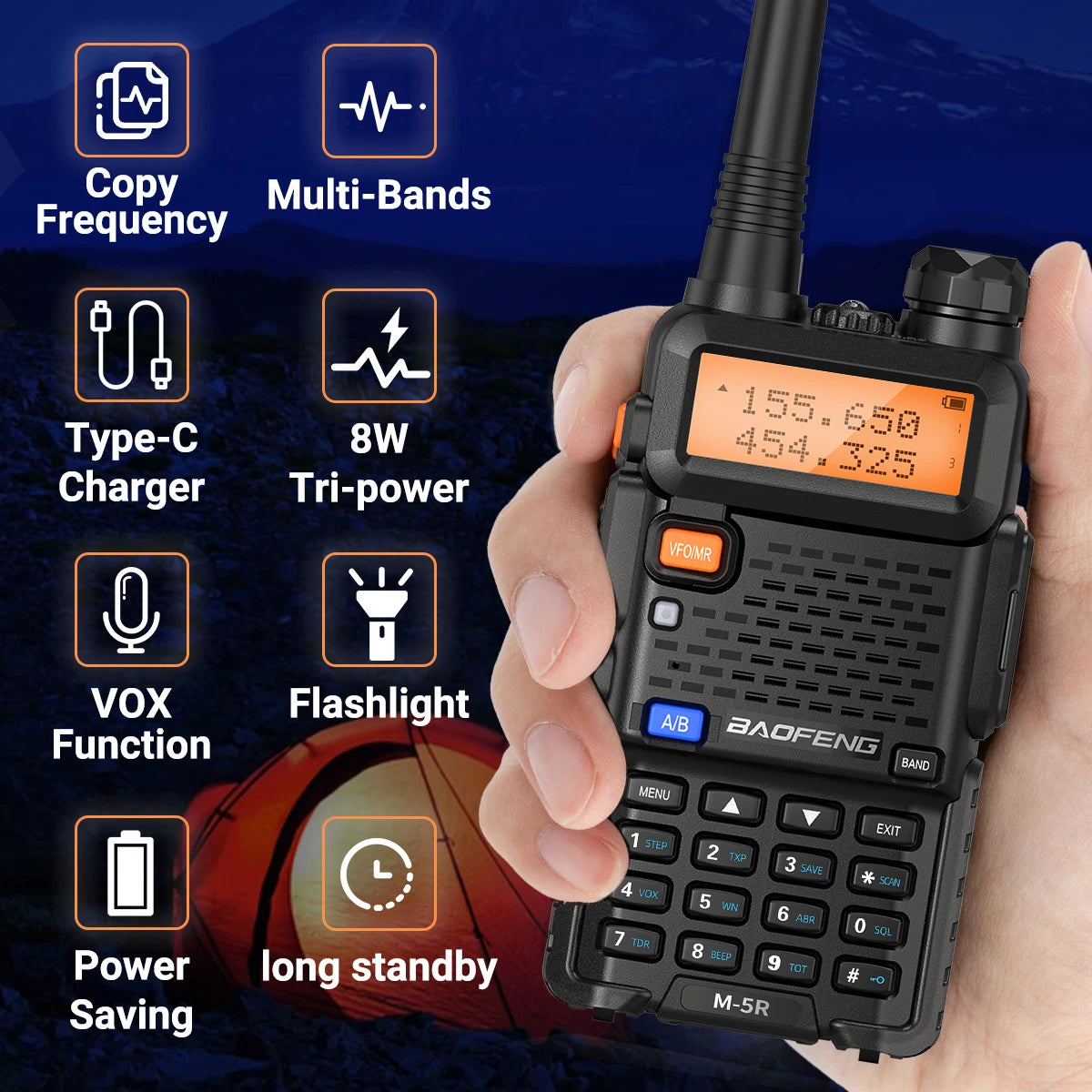 1/2PCS New Baofeng M-5R 8W Walkie Talkie Multi Band Type-C Wireless Copy Frequency AM Long Range For UV-5R Two Way Ham Radio