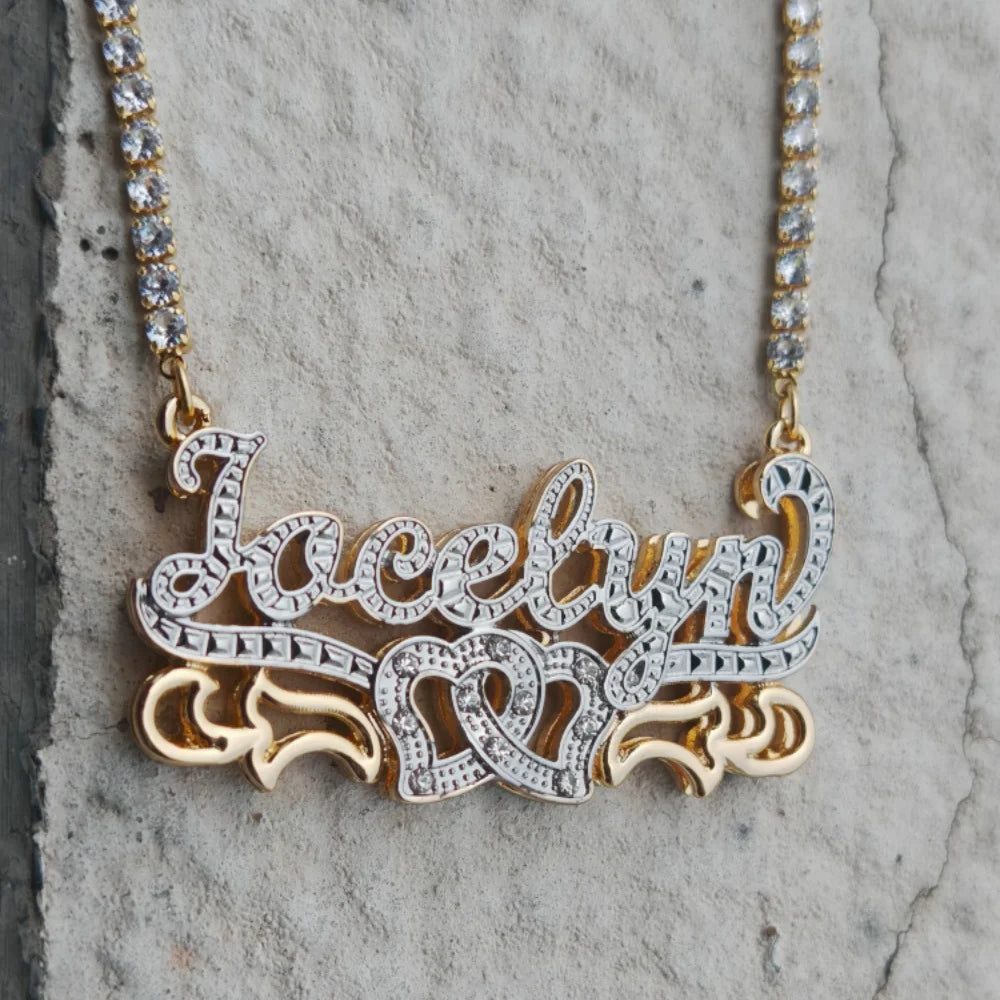 LeeChee Double Layer Custom Name Necklace Two Color Birthday Stone Pendant Tennis Chain Personalized Women Jewelry Gift