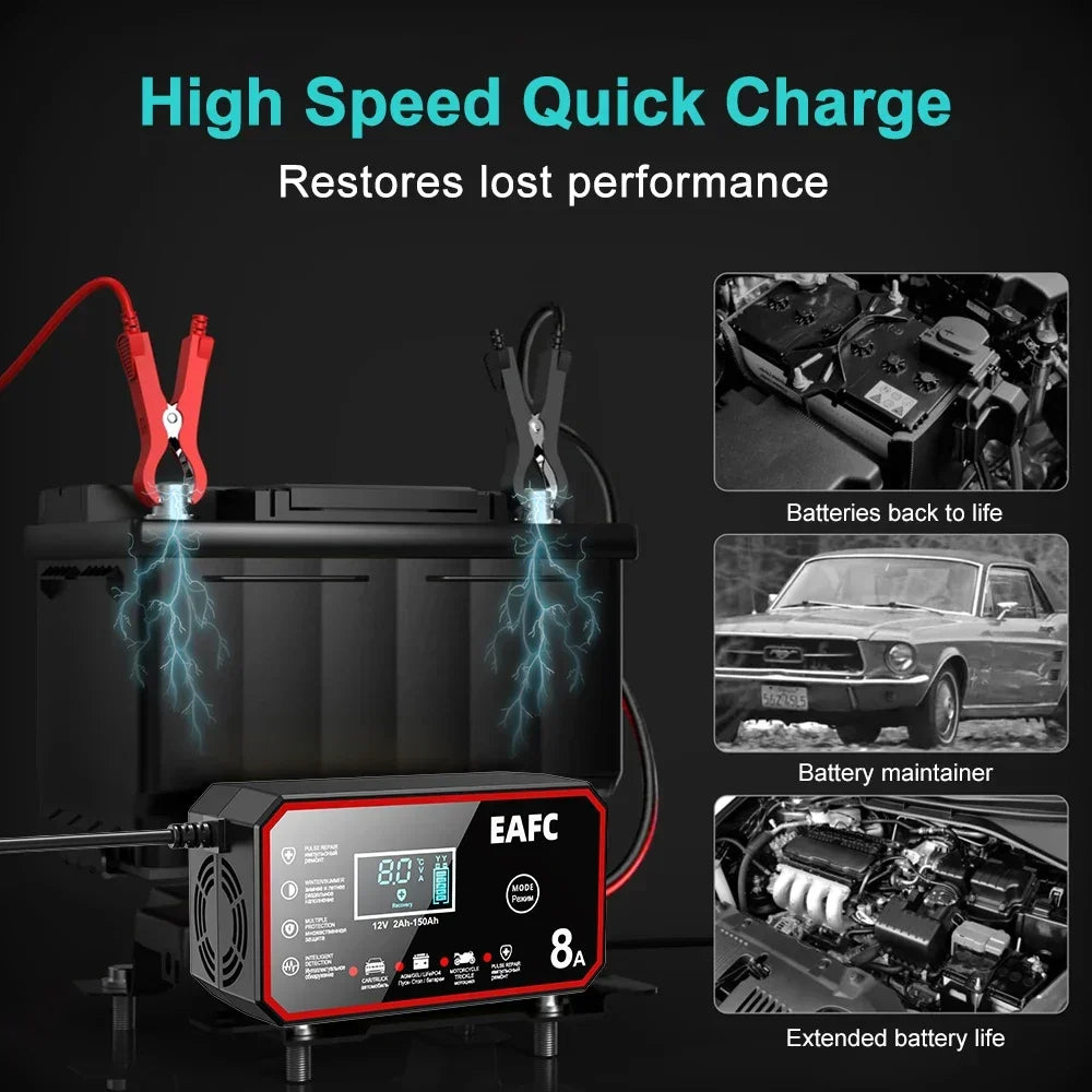 12V 8A Smart Car Battery Charger Automatic Start Fast Charger Pulse Repair Motorcycle Truck Battery Charger GEL Lead Acid